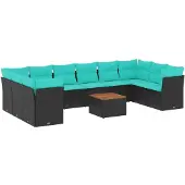 vidaXL 11-delige tuinmeubelset met kussens, zwart, polyrotan