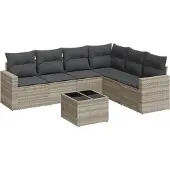 vidaXL 7-delige Loungeset met kussens poly rattan lichtgrijs