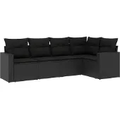 vidaXL 5-delige Loungeset met kussens poly rattan zwart
