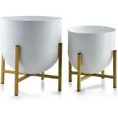 Mondex Bloempot op staander wit en goud metaal. Set van 2 stuks
