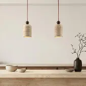 LumenXL Japandi hanglamp Voro van travertin (natuursteen) en hout, 2-lichts