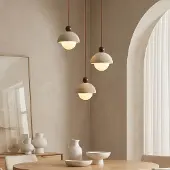 LumenXL Moderne hanglamp Vara van travertin (natuursteen), hout en melkwit glas, 3-lichts
