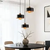 LumenXL 3-lichts hanglamp Ferra in zwart met amber glas en messing details