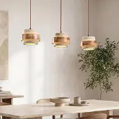 LumenXL 3-lichts hanglamp Travo van travertin (natuursteen) en licht hout