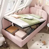 MODFU Bedbank 90x190 cm – Met hydraulische opbergruimte – Kroon- & spijldesign – Fluweel – Roze