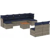 vidaXL 10-delige tuinbankset met kussens, grijs polyrotan