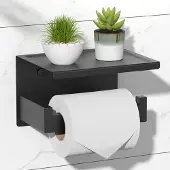 Unyqoos Zelfklevende toiletrolhouder met opbergruimte van roestvrij staal, zwart – Kan worden bevestigd met plakstrips of schroeven, heeft een concave opbergruimte en een veiligheidshaak