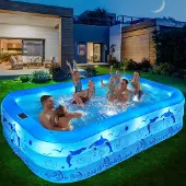 Unyqoos Opblaasbaar familiezwembad, 240x150x55 cm – 0,43 mm PVC, geschikt voor maximaal 5 volwassenen, zonne-energie LED met 12 modi en 8 uur brandduur, 3 luchtkamers, snelle opbouw