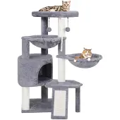 Unyqoos Kraboom voor katten, grijs, met huisje, 2 hangmatten en 2 verwisselbare speeltjes – Sisal krabpalen, stabiele basis, eenvoudige montage