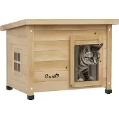PawHut Katzenhaus aus Holz, Katzenhütte Outdoor, Katzenhöhle mit Türvorhang, Kleintierhaus mit Erhöhtem Design, für Garten, Balkon, Gelb, 57 x 45 x 43 cm