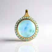 Cavill - Larimar Hanger 925 Sterling Zilver Verguld - 14,4 ct Larimar Cabochon Rond 15 mm - Elegante Zilveren Sieraden