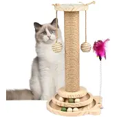 Unyqoos Interactieve houten krabpaal voor katten met draaischijf, houten en kattenkruidbolletjes, sisalstengel, zuignap en zware basis – compact, geschikt voor kleine en middelgrote katten