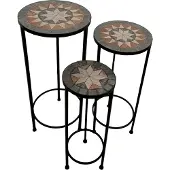Axi Lola Mozaïek plantentafel rond Star Grijs/Bruin – Set van 3 stuks | Planten tafel van metaal met ingelegde keramische mozaïektegels | Tuintafel voor planten voor tuin / balkon / terras