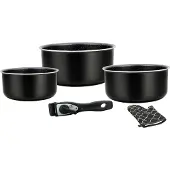 Herzberg HG-8051: 5-delige pannenset met marmeren coating en afneembaar handvat, zwart