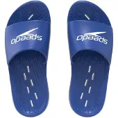 Speedo Slide Badslippers - Slippers Heren met Waterafvoer in het Voetbed - Sneldrogende Sleffers van Lichtgewicht EVA voor Zwembad en Strand - Marine/Wit - Maat 40,5