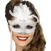 Smiffys Venetiaans masker met witte veren voor volwassenen