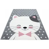 Muratap Kids poesje vloerkleed kinderkamer grijs / roze laagpolig- 80x150 cm