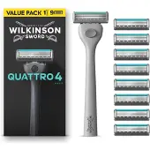 Wilkinson Sword Quattro Scheersysteem voor mannen, voordeelverpakking, 4 mesjes met diamantcoating, scheersysteem met 9 navulmesjes