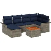vidaXL Tuinset met 7 zitplaatsen, grijs en marineblauw, van polyrotan