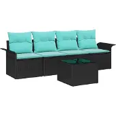 vidaXL Tuinbank Set 5 st Zwart en Turkoois poly rattan
