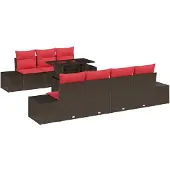 vidaXL Bankset, 8 stuks, 7 zitplaatsen, bruin en rood, polyrotan
