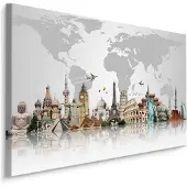 Karo-art Schilderij - Wereldkaart met beroemde Bouwwerken, Premium Print