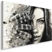 Karo-art Schilderij - Portret van een jonge vrouw, Veren, Premium Print