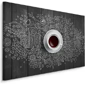 Karo-art Schilderij - Wit kopje koffie op Zwarte Tafel, premium Print
