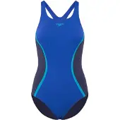 Speedo Solid Splice Medalist 1 Piece Dames Sportbadpak - Kleurvast Badpak Dames - Chloorbestendig Zwempak Dames - Sportbadpak Dames met Medalist-rug - Marine/Blauw - 42