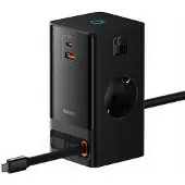 Baseus PowerCombo digitale stekkerdoos 2 AC-aansluitingen + 1 USB-A + 1 USB-C + intrekbare USB-C 65 W met 1,5 m netsnoer EU zwart
