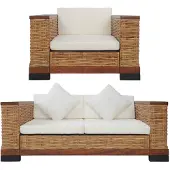 vidaXL Tweezitsbank met kussens natuurlijk rattan bruin