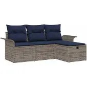 vidaXL Tuinbank Set 4 st Grijs en Marineblauw poly rattan