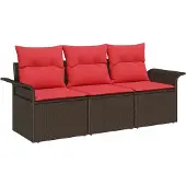 vidaXL Bankstel 3 st 3-Aantal zitplaatsen Bruin en Rood poly rattan