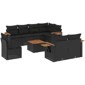 vidaXL 9-delige tuinmeubelset met kussens, zwart, polyrotan
