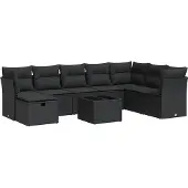 vidaXL 9-delige tuinmeubelset met kussens, zwart, polyrotan