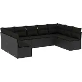 vidaXL 9-delige Loungeset met kussens poly rattan zwart