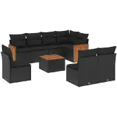 vidaXL 9-delige tuinmeubelset met kussens, zwart, polyrotan