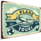 Karo-art Schilderij - Plane Tours, Reclame Bord, Premium Print op Canvas