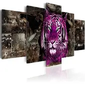 Karo-art Schilderij - Bewaker van de Jungle , Tijger , 5 luik , paars