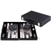 Longfield Backgammon 11 inch - Grijs, Zwart & Wit Gestikt Bord - Kunstlederen Koffer met Handvat - Engelhart