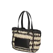 Viola Castellani Gevlochten strooitas, zwart-beige, met geregenereerde leren handgrepen, 32x21 cm