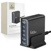 Tech-Protect DC140W-GAN, oplader voor op het bureau, 5-poorts, PD140W/QC3.0, zwart