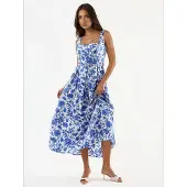 Busem Bloemen Midi-jurk met Vierkante Kraag