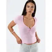 Busem V-hals Korte Mouwen Gebreide Blouse met Knoopsluiting