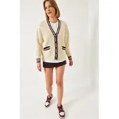 Bianco Gepatternde V-hals Ribgebreide Cardigan met Zakken