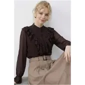 Bianco Rimpelige Mandarin Kraag Lange Mouw Chiffon Blouse