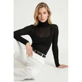 Happiness İstanbul Slim Fit Coltrui Lange Mouw Transparante Blouse