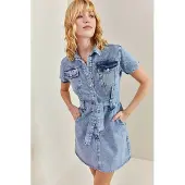 Bianco Mini Denim Jurk met Overhemdkraag en Tailleband