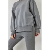 Bianco Textured Knit Capri Actieve Set met Ronde Hals