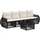 vidaXL Tuinbank Set 5 st Zwart en Crème Wit poly rattan